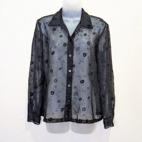 Vintage Sheer Black Embroidered Blouse Flocked Velvet Dark Romantic Boho Shirt - Picture 1 of 6